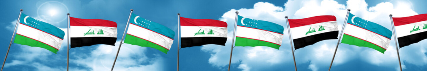 Uzbekistan flag with Iraq flag, 3D rendering
