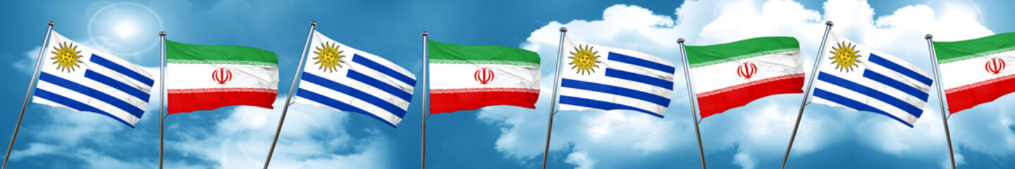 Uruguay flag with Iran flag, 3D rendering