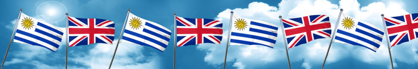 Uruguay flag with Great Britain flag, 3D rendering