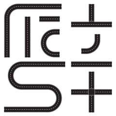 Road construction set. Highway map toolkit. Connectable road elements. Vector illustration of winding road.