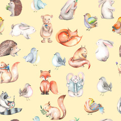 Seamless pattern with watercolor cute forest animals, hand drawn isolated on a white background