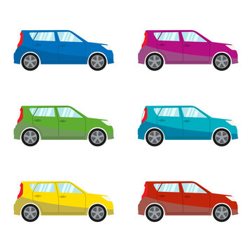 Car set in flat style. Vehicle icons. Colorful vector illustration.