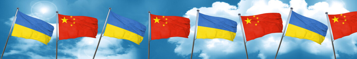Ukraine flag with China flag, 3D rendering