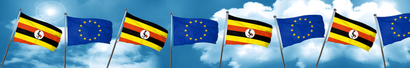 Uganda flag with european union flag, 3D rendering