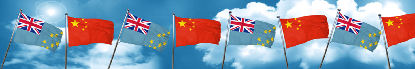 Tuvalu flag with China flag, 3D rendering