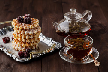Tea for breakfast on metal tray