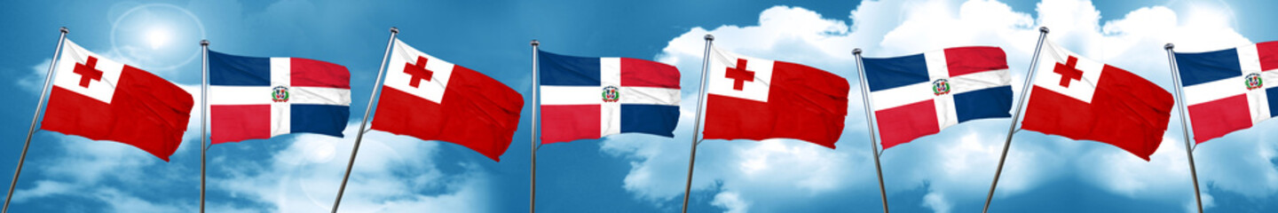 Tonga flag with Dominican Republic flag, 3D rendering