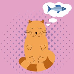 Cat thinking of fish. Purple background.Vector.
