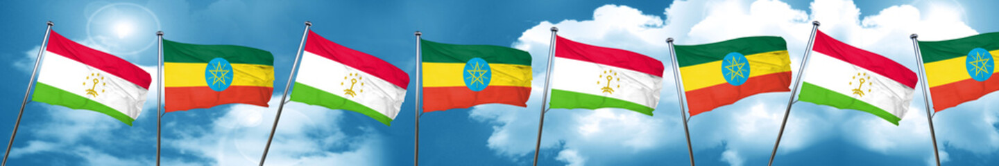 Fototapeta na wymiar Tajikistan flag with Ethiopia flag, 3D rendering
