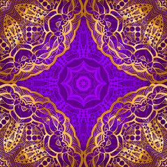 Rich gold seamless pattern in the Indian style. Bohemian tile with mandalas. Royal purple and  ornament. Unique template for design or backdrop