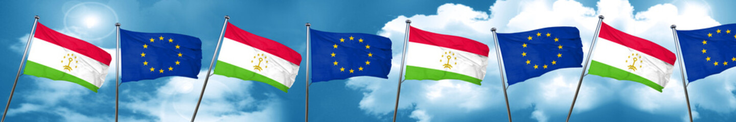 Tajikistan flag with european union flag, 3D rendering