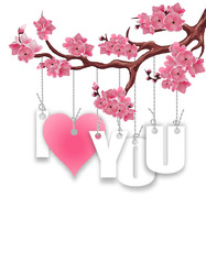Stylized inscription I love you. A branch of cherry blossoms. Red heart on a white background. Postcard in honor of St. Valentina s Day. illustration