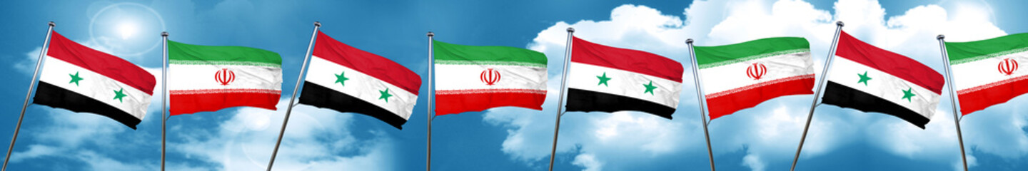 Syria flag with Iran flag, 3D rendering