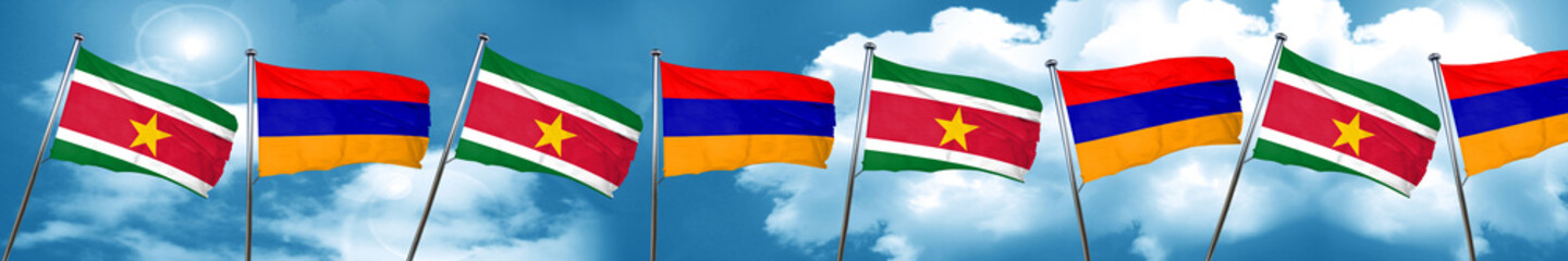 Suriname flag with Armenia flag, 3D rendering