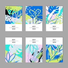 Set of 6 creative contemporary universal cards. Hand Drawn textures. Design for card, invitation, flyer, poster, placard, brochure. Vector illustration.