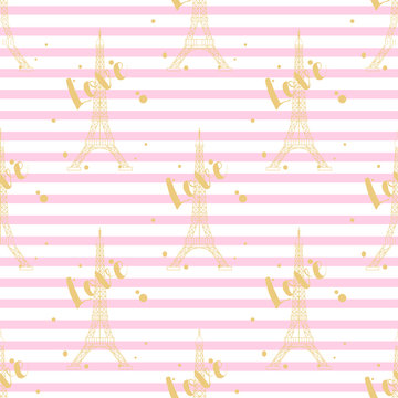 Seamless pattern with gold Eiffel tower and Love word on pink striped background.