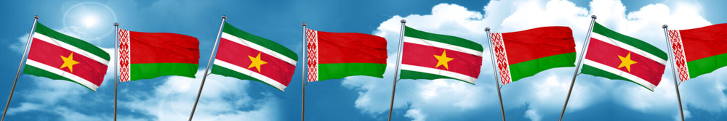 Fototapeta na wymiar Suriname flag with Belarus flag, 3D rendering