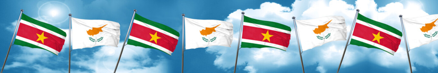 Suriname flag with Cyprus flag, 3D rendering