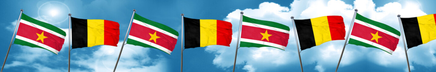 Fototapeta na wymiar Suriname flag with Belgium flag, 3D rendering