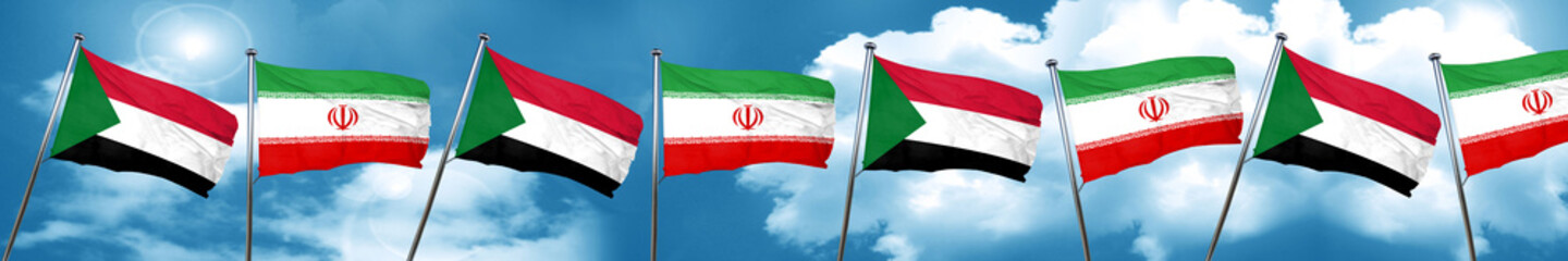 Sudan flag with Iran flag, 3D rendering