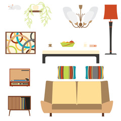Set of living room interior objects with sofa and player in the style of 70's.