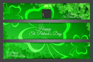 Vector Happy St. Patrick's Day banners on the gradient dark green background with leaves of clover, text and cauldron.