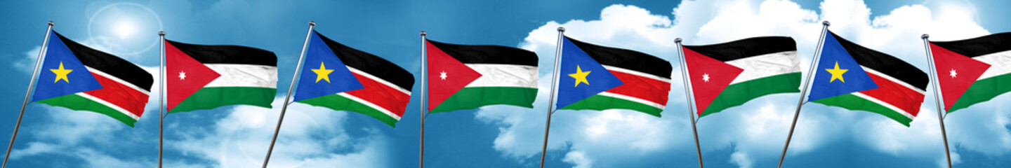 south sudan flag with Jordan flag, 3D rendering