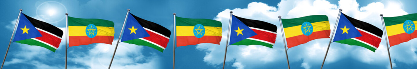 Fototapeta na wymiar south sudan flag with Ethiopia flag, 3D rendering