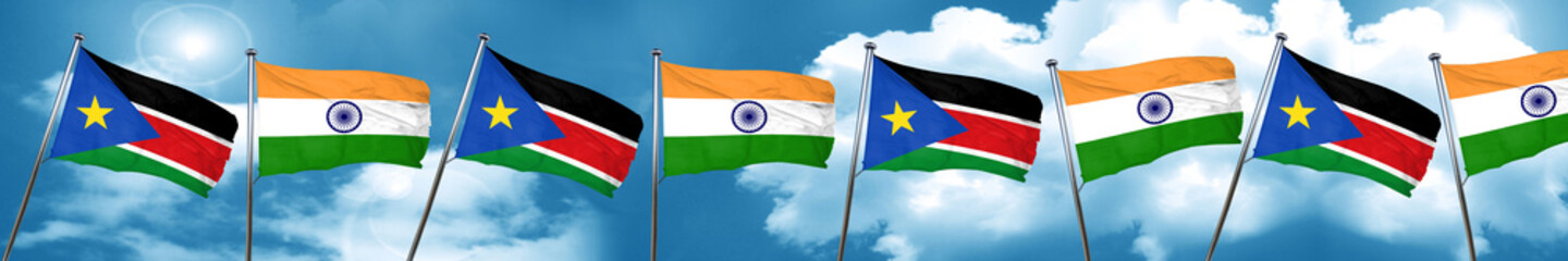 south sudan flag with India flag, 3D rendering