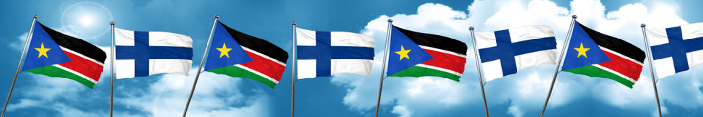 south sudan flag with Finland flag, 3D rendering