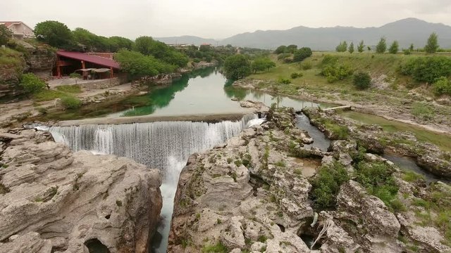 Narrow place for water flowing after Niagara falls. Flyng towards. Podgorica, Montenegro
