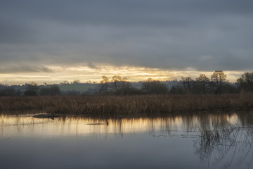 Beautiful late Winter sunset over wetlands lake landscape