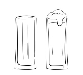 two pint glasses of beer, full and empty