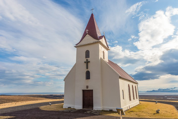 Church of Ingjaldsholl in wide open space on the Snaefellsnes Peninsula in Iceland