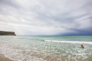 Fototapeta na wymiar Son Bou beach in a cloudy day, South of Minorca, Menorca, Balearic Islands, Spain