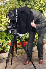 The photographer photographs the old camera on a large format.