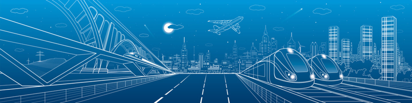 Automobile highway, infrastructure and transportation panorama, airplane fly, train move on the bridge, two locomotives in depot, night city, towers and skyscrapers, urban scene, vector design art