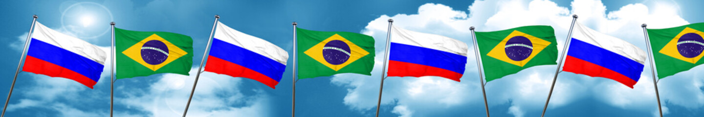 Russia flag with Brazil flag, 3D rendering