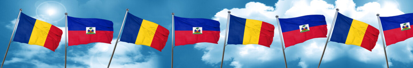 Romania flag with Haiti flag, 3D rendering