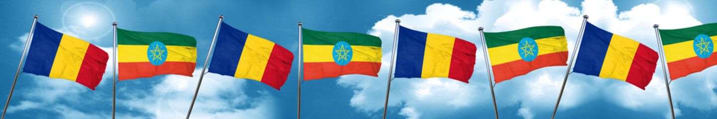 Romania flag with Ethiopia flag, 3D rendering