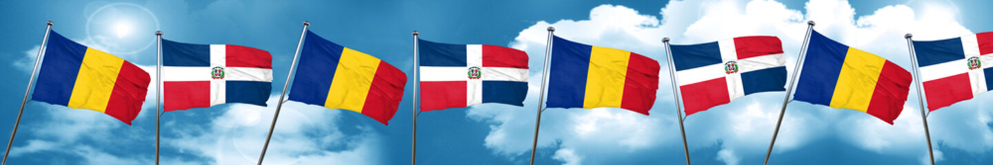 Romania flag with Dominican Republic flag, 3D rendering