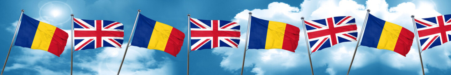 Romania flag with Great Britain flag, 3D rendering