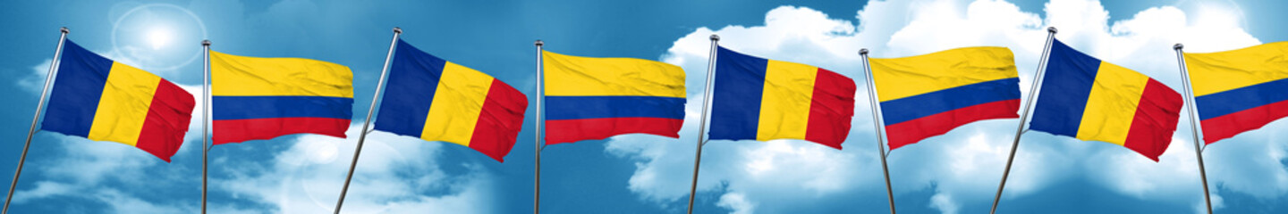 Romania flag with Colombia flag, 3D rendering