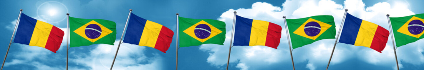 Romania flag with Brazil flag, 3D rendering