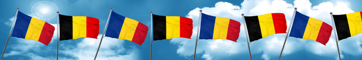 Romania flag with Belgium flag, 3D rendering