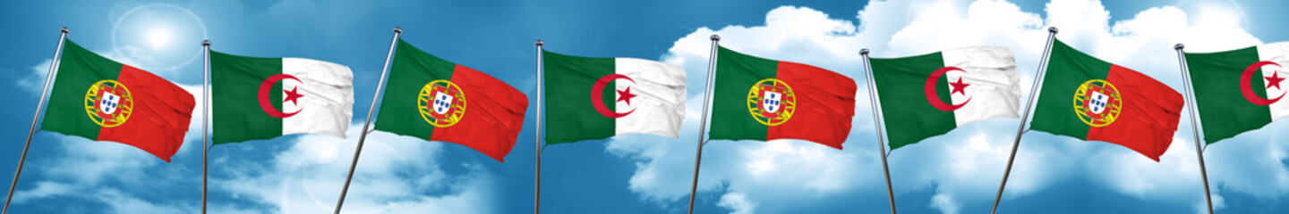 Portugal flag with Algeria flag, 3D rendering