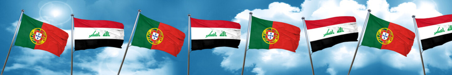 Portugal flag with Iraq flag, 3D rendering