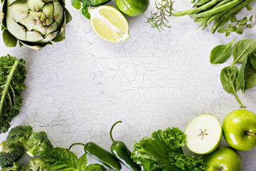 Variety of green vegetables and fruits