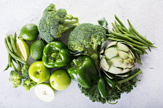 Variety of green vegetables and fruits