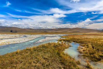 Beautiful mountain landscape with river and clouds.